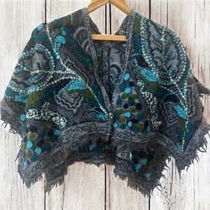 ANU Artisan Artsy Felted Wool Embroidered Boho Poncho Shrug Cape Wrap -OS